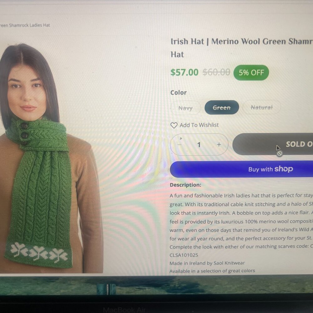 Irish Merino Wool Beanie and Scarf Set, Green with Shamrocks by Saol - Picture 11 of 11